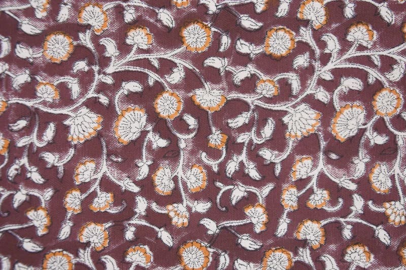 Handmade Artisan Block Print Brown Floral Canvas Fabric- Himachal