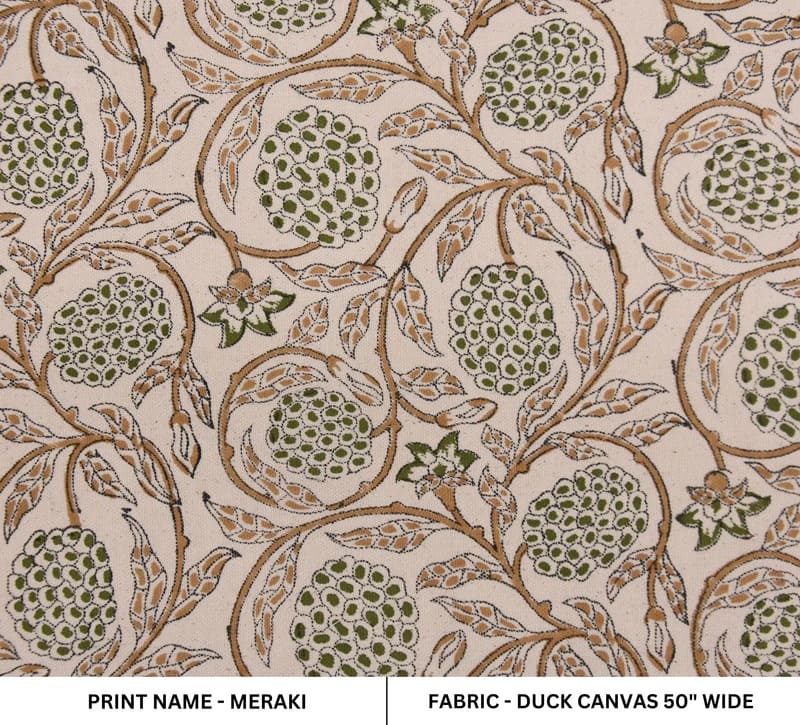Block Print Brown Floral  Duck Canvas Fabric - Meraki