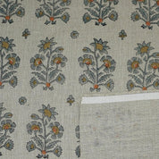 Handmade Block Print Gray Green Floral Linen Fabric- Sadabahar