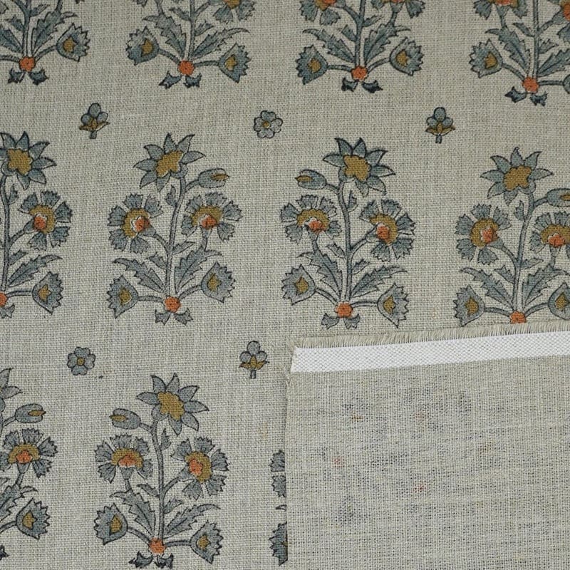 Handmade Block Print Gray Green Floral Linen Fabric- Sadabahar