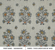 Handmade Block Print Gray Green Floral Linen Fabric- Sadabahar
