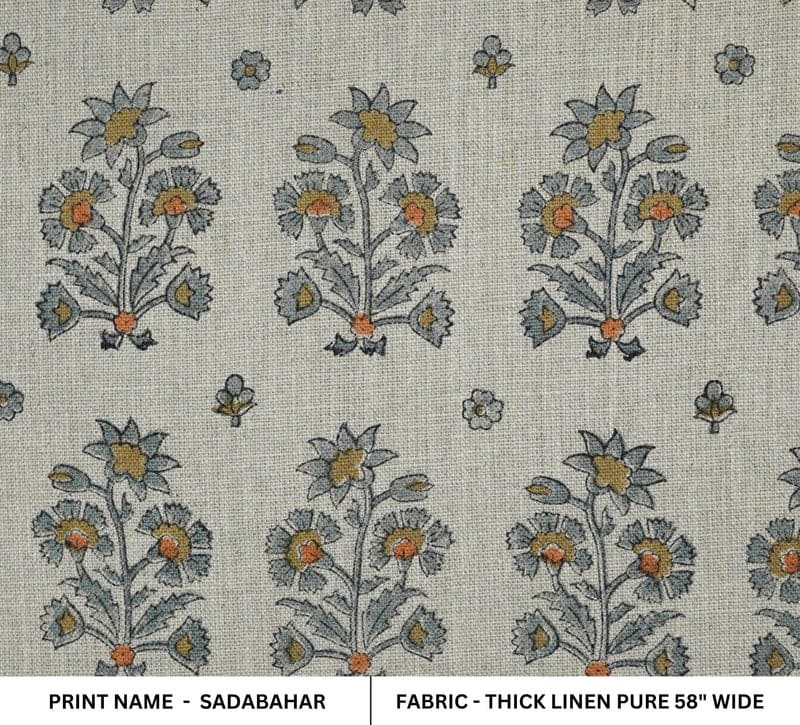 Handmade Block Print Gray Green Floral Linen Fabric- Sadabahar