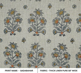 Handmade Block Print Gray Green Floral Linen Fabric- Sadabahar