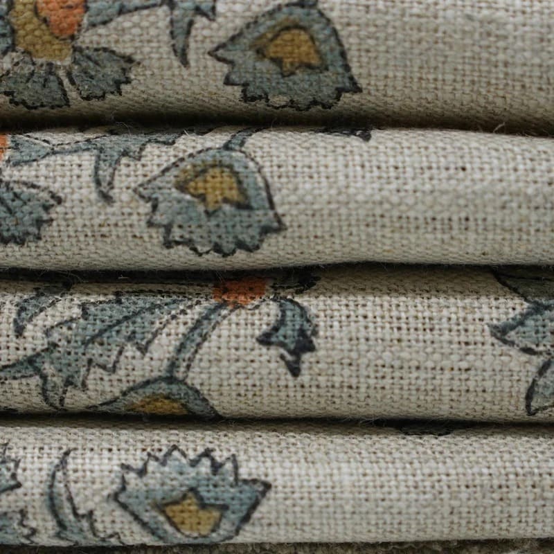 Handmade Block Print Gray Green Floral Linen Fabric- Sadabahar
