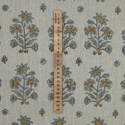 Handmade Block Print Gray Green Floral Linen Fabric- Sadabahar