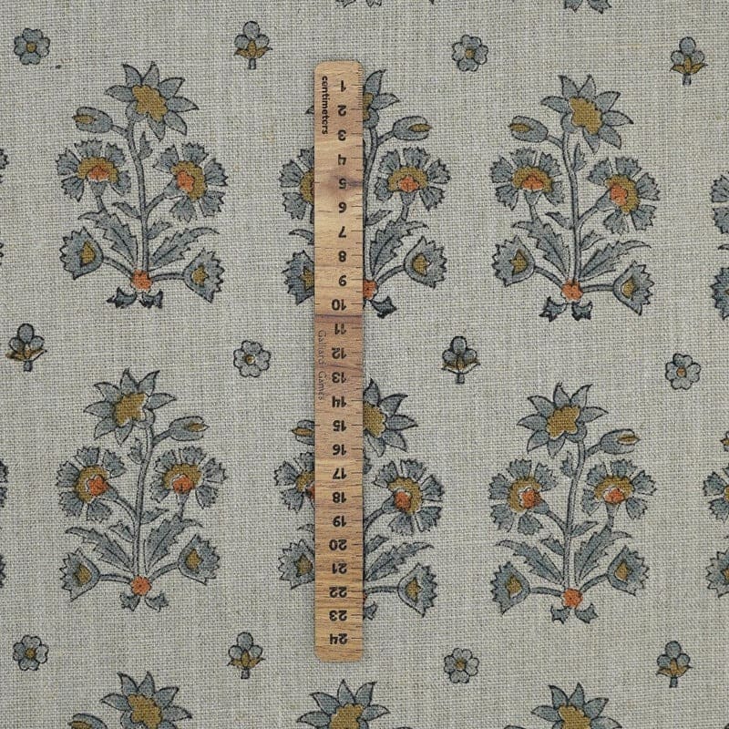 Handmade Block Print Gray Green Floral Linen Fabric- Sadabahar