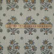 Handmade Block Print Gray Green Floral Linen Fabric- Sadabahar