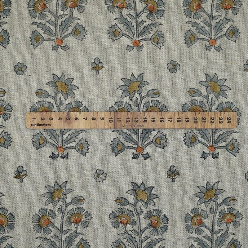 Handmade Block Print Gray Green Floral Linen Fabric- Sadabahar
