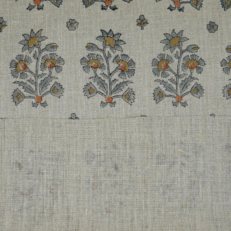 Handmade Block Print Gray Green Floral Linen Fabric- Sadabahar