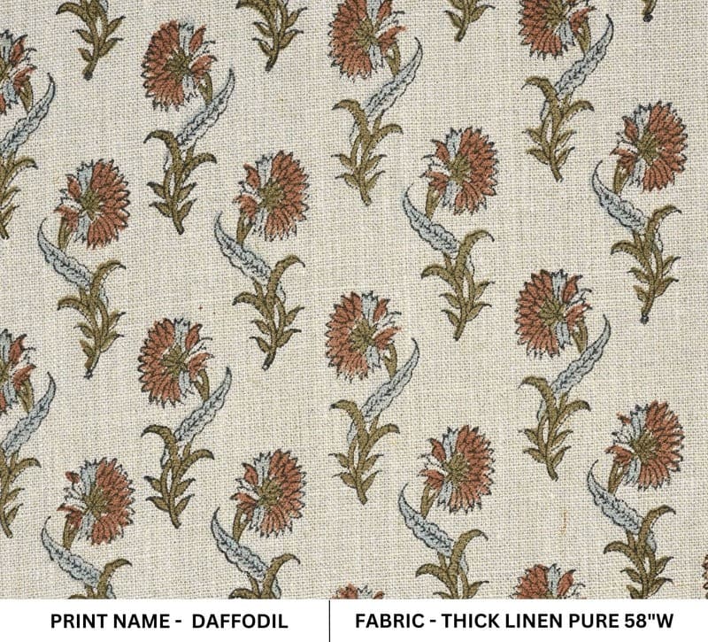 Handcrafted Block Print Beige Floral Thick Linen Fabric - Daffodil