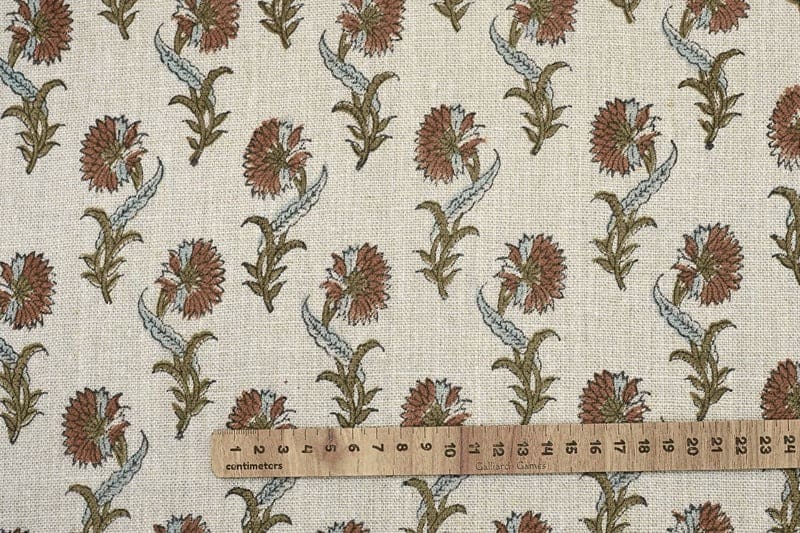 Handcrafted Block Print Beige Floral Thick Linen Fabric - Daffodil