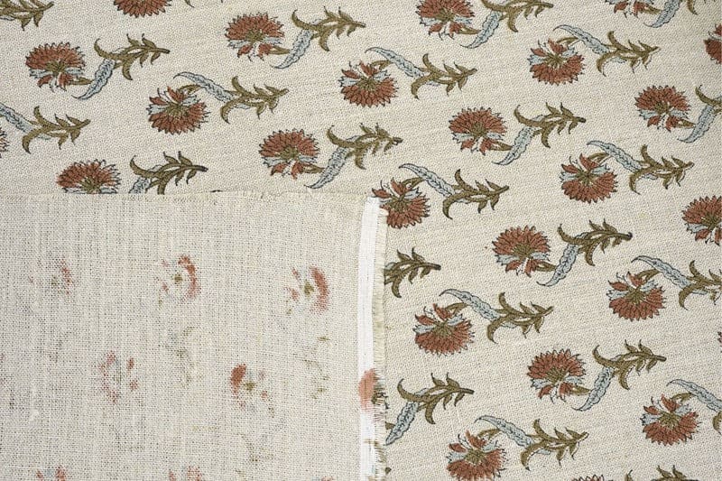 Handcrafted Block Print Beige Floral Thick Linen Fabric - Daffodil