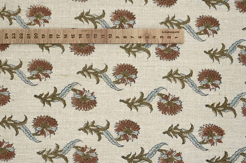 Handcrafted Block Print Beige Floral Thick Linen Fabric - Daffodil