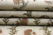 Handcrafted Block Print Beige Floral Thick Linen Fabric - Daffodil