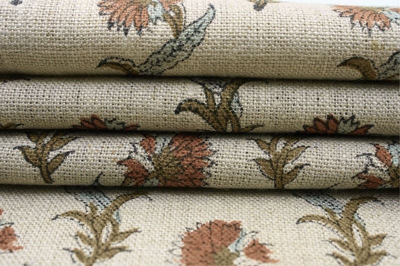Handcrafted Block Print Beige Floral Thick Linen Fabric - Daffodil