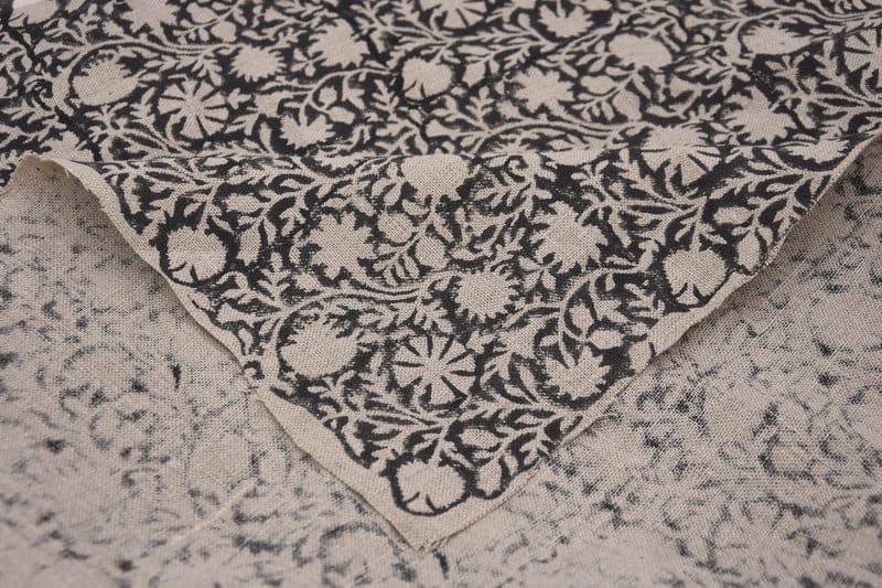 Handmade Block Print Black & Beige Thick Linen Fabric - Chakri