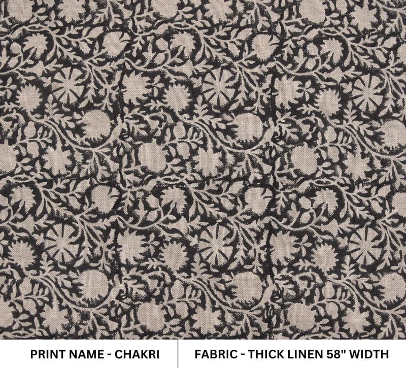 Handmade Block Print Black & Beige Thick Linen Fabric - Chakri