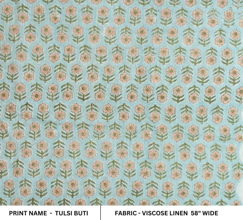 Aristnal Handmade Block Print Blue Viscose Linen Fabric - Tulsi Buti