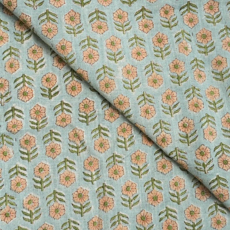 Aristnal Handmade Block Print Blue Viscose Linen Fabric - Tulsi Buti