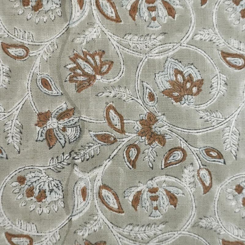 Handmade Block Print Brown Cotton Linen Blend Fabric - Saraswati