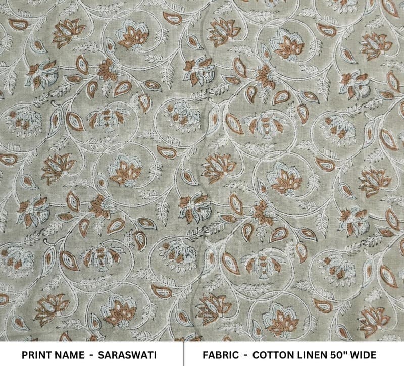 Handmade Block Print Brown Cotton Linen Blend Fabric - Saraswati