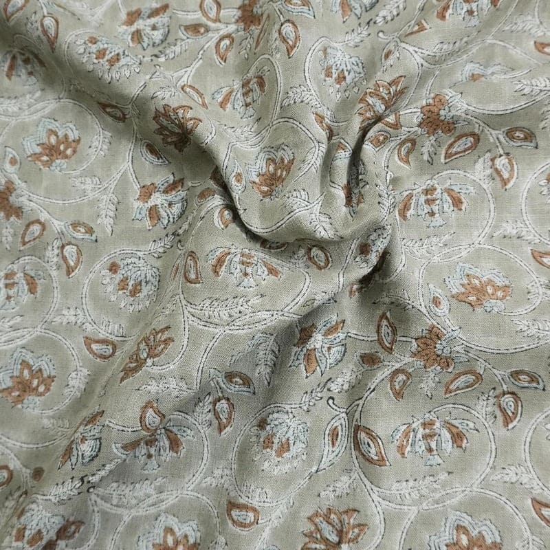 Handmade Block Print Brown Cotton Linen Blend Fabric - Saraswati