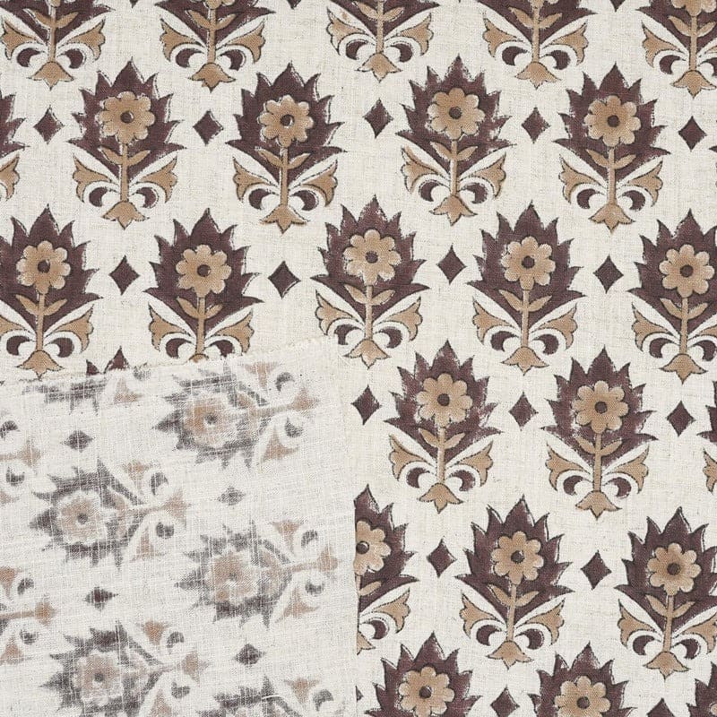 Handmade Block Print Brown Floral Viscose linen Fabric - Kusum