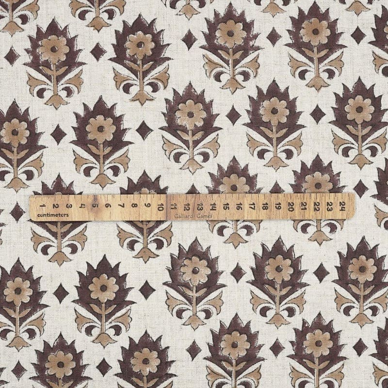 Handmade Block Print Brown Floral Viscose linen Fabric - Kusum