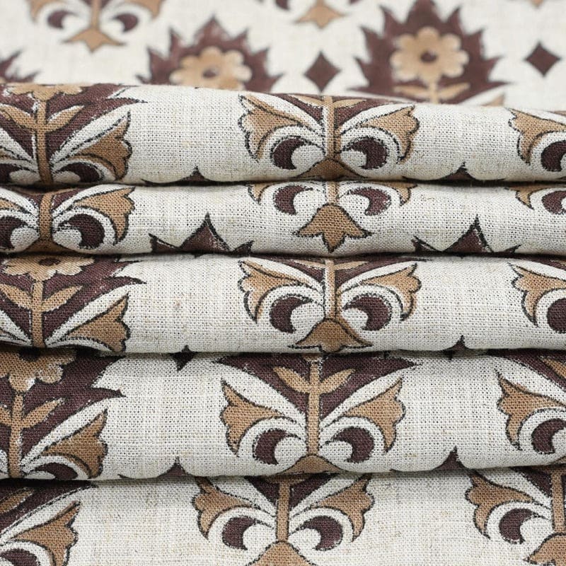 Handmade Block Print Brown Floral Viscose linen Fabric - Kusum