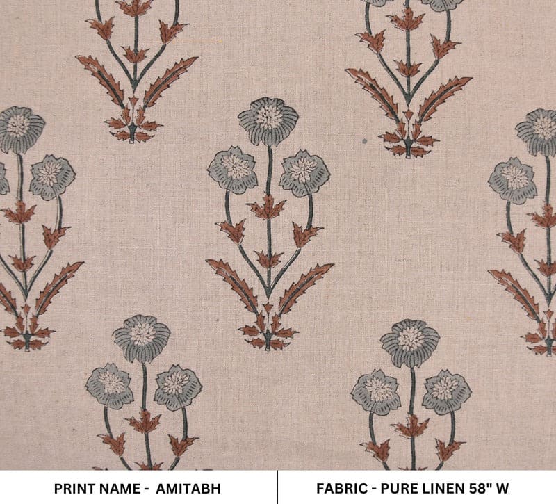 Aristan Handmade Block Print Brown Floral Pure Linen Fabric - Amitabh