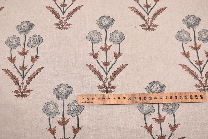 Aristan Handmade Block Print Brown Floral Pure Linen Fabric - Amitabh