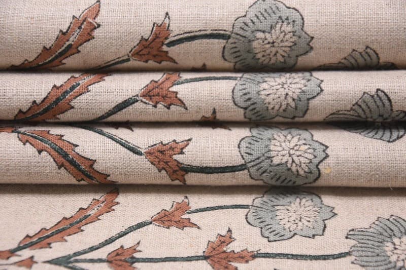 Aristan Handmade Block Print Brown Floral Pure Linen Fabric - Amitabh