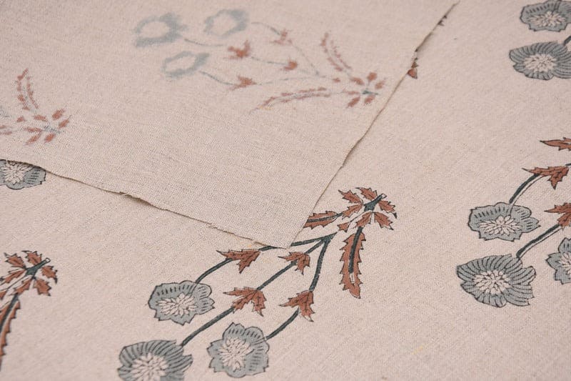 Aristan Handmade Block Print Brown Floral Pure Linen Fabric - Amitabh
