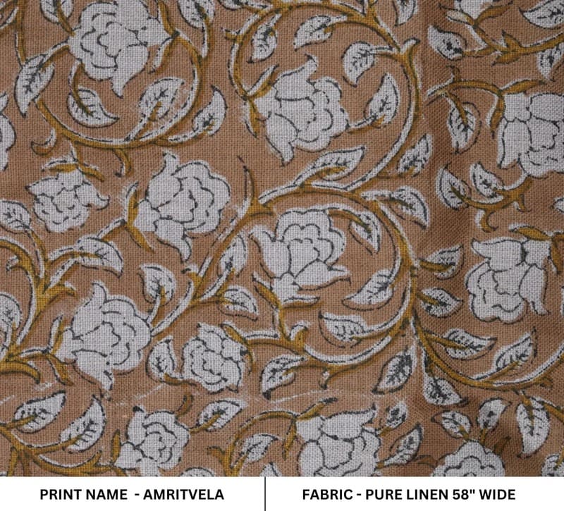 Handcrafted Block Print Brown Floral Pure Linen Fabric - Amritvela