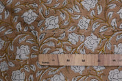 Handcrafted Block Print Brown Floral Pure Linen Fabric - Amritvela