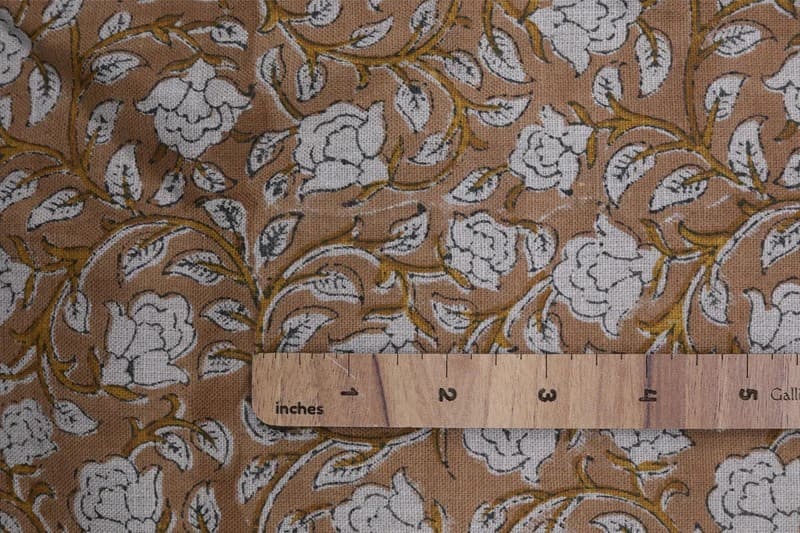Handcrafted Block Print Brown Floral Pure Linen Fabric - Amritvela