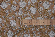 Handcrafted Block Print Brown Floral Pure Linen Fabric - Amritvela