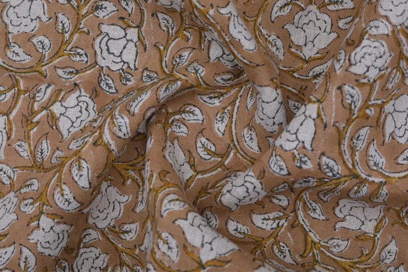 Handcrafted Block Print Brown Floral Pure Linen Fabric - Amritvela