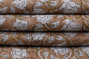 Handcrafted Block Print Brown Floral Pure Linen Fabric - Amritvela