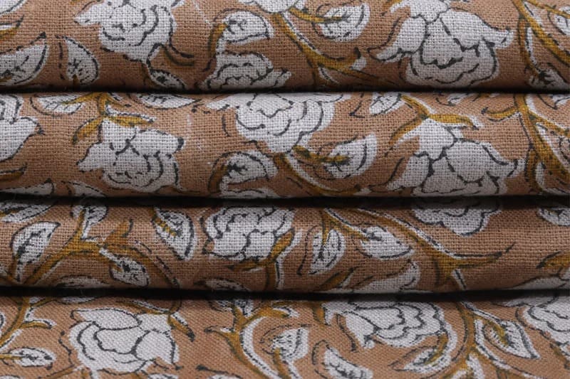 Handcrafted Block Print Brown Floral Pure Linen Fabric - Amritvela