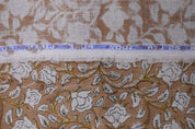 Handcrafted Block Print Brown Floral Pure Linen Fabric - Amritvela