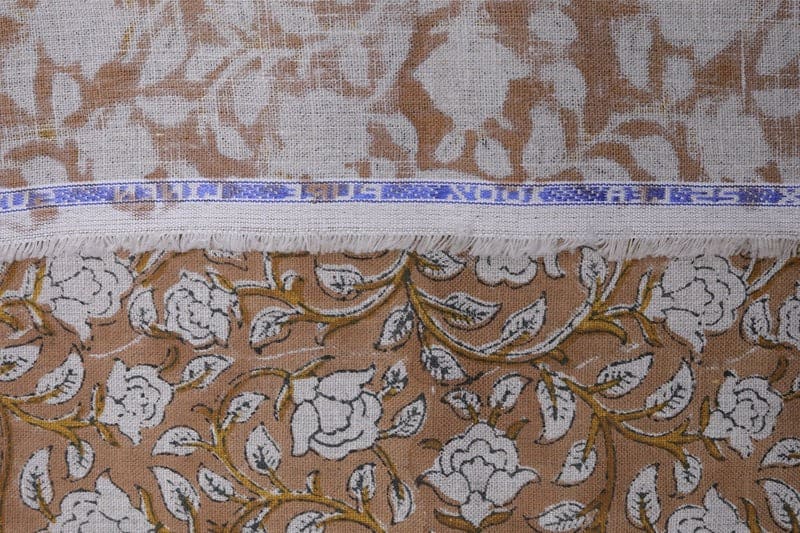 Handcrafted Block Print Brown Floral Pure Linen Fabric - Amritvela
