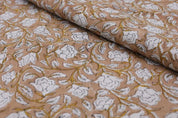 Handcrafted Block Print Brown Floral Pure Linen Fabric - Amritvela
