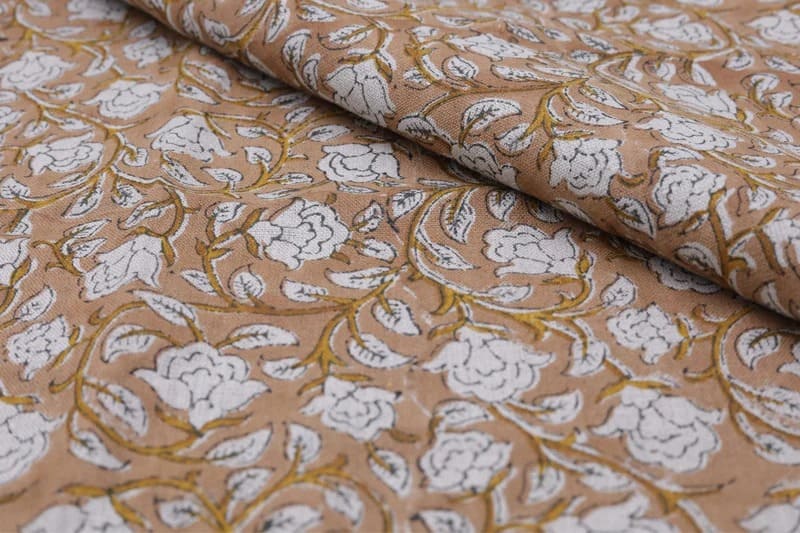 Handcrafted Block Print Brown Floral Pure Linen Fabric - Amritvela