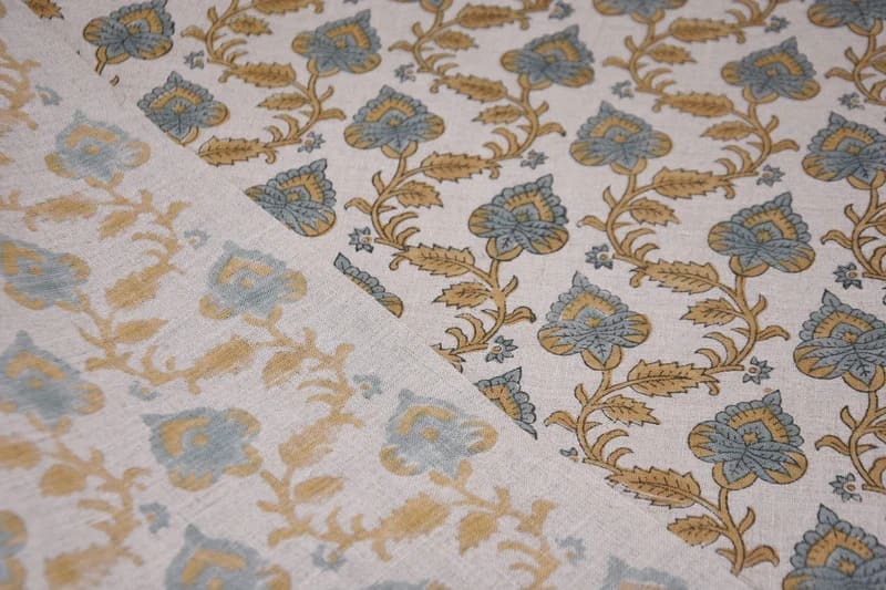 Block print Print Gray & Beige Thick Linen Fabric For Cushion - Damru