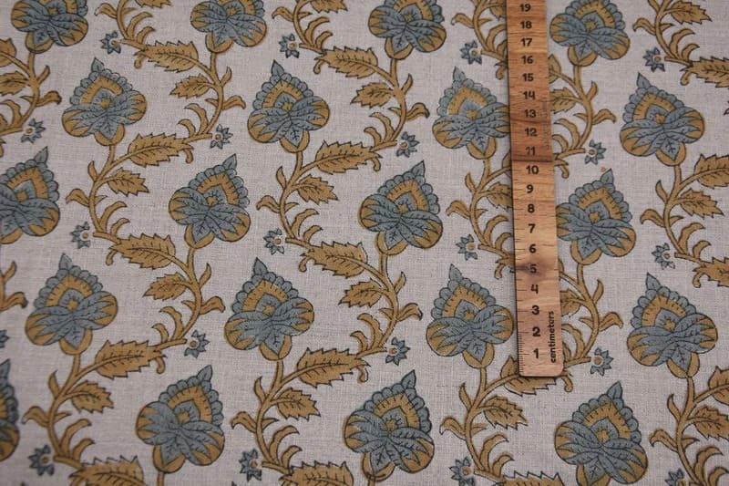 Block print Print Gray & Beige Thick Linen Fabric For Cushion - Damru
