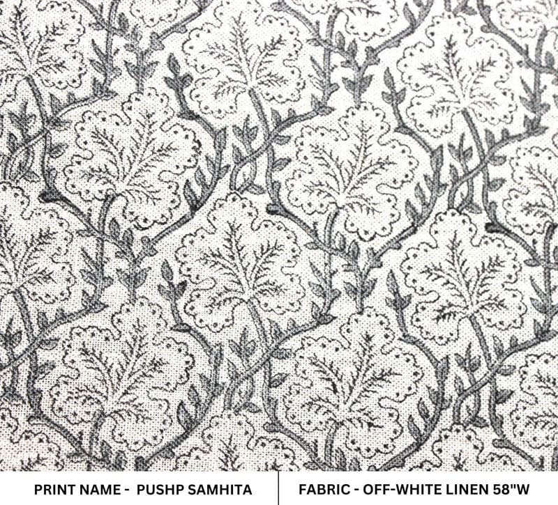 Handmade Block Print Gray Off White Linen Fabric - Pushp Samhita
