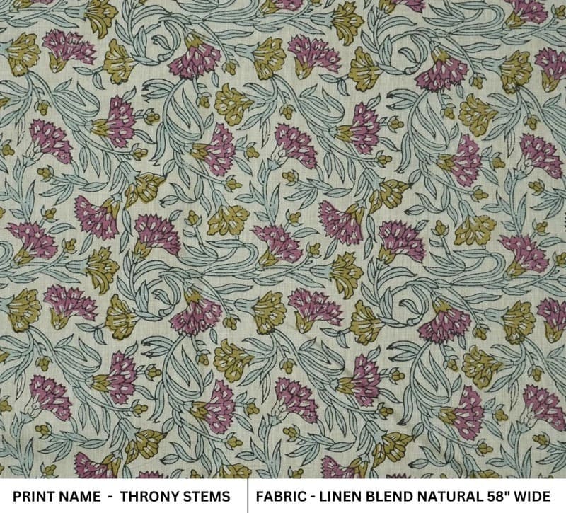 Handmade Block Print Green Natural Linen Blend  Fabric – Thorny Stems