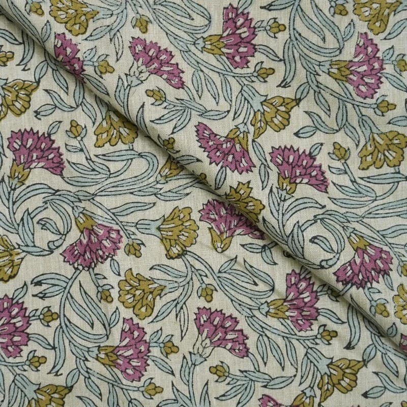 Handmade Block Print Green Natural Linen Blend  Fabric – Thorny Stems