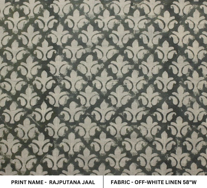 Aristan Handmade Block Print Green Off White Linen Fabric - Rajputana Jaal